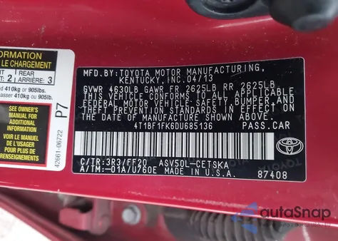 2013 Toyota Camry Se из США, поврежденный, VIN 4T1BF1FK6DU685136